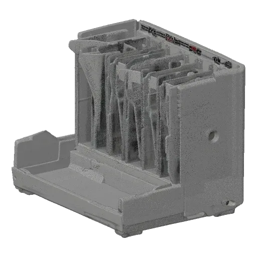 3D model of a gray 10-card holder stand with vertical slots and an open front