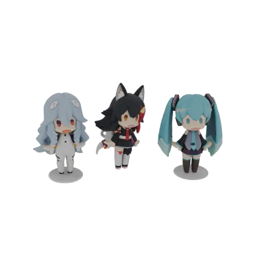 A 3D render of three chibi anime figures: one with blue hair in a white suit, one with black wolf ears in a black and red out