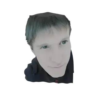 Modèle 3D d'un jeune homme stylisé aux yeux bleu vif, regardant légèrement sur le côté, portant une veste sombre.