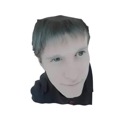 3D model of a stylized young man with bright blue eyes, looking slightly to the side, wearing a dark jacket.