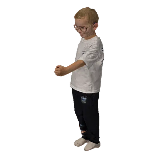 3D model of a young boy with blonde hair, glasses, white t-shirt, and blue pants, standing with his right arm bent.