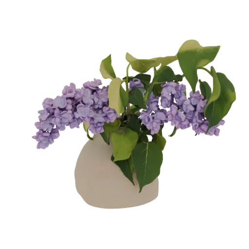 3D-Modell von violetten Fliederblüten mit grünen Blättern in einer hellen Vase, vor weißem Hintergrund.