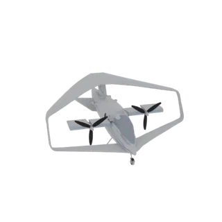 3D model of a futuristic VTOL aircraft with a prominent ring-wing and twin propellers, rendered in a light gray.