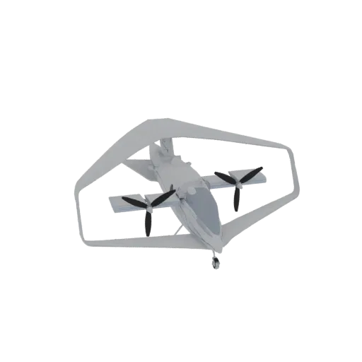 3D model of a futuristic VTOL aircraft with a prominent ring-wing and twin propellers, rendered in a light gray.