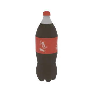 Modelo 3D de una botella de cola clásica con etiqueta roja y líquido marrón oscuro, aislado sobre fondo blanco.