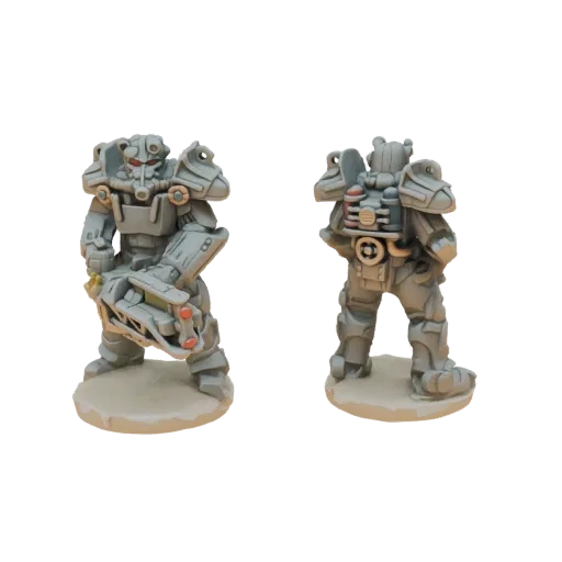 Modèle 3D d'un Soldat en Armure de Puissance gris tenant un fusil à plasma, vu de face et de dos.