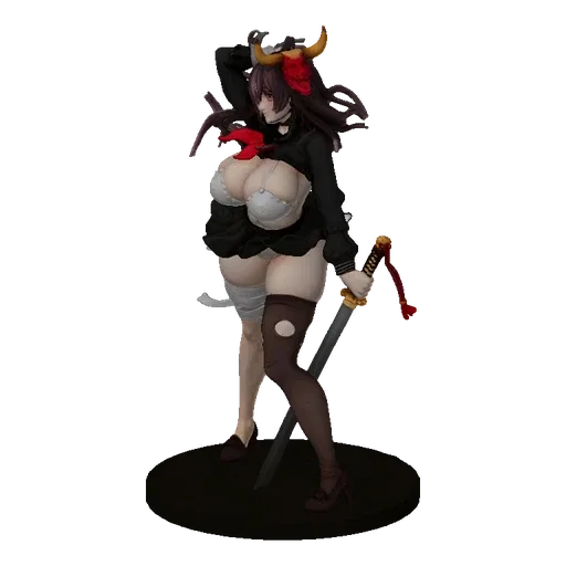 3D model of a gothic warrior girl with long dark hair, wearing a black outfit with ripped details and bandages, holding a kat
