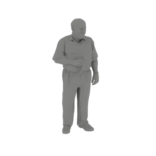 3D model of an elderly man wearing a grey polo shirt and grey trousers, standing with his left hand slightly raised.