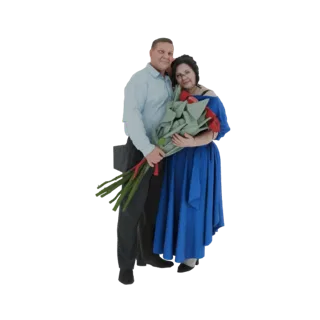 3D model of a man and woman embracing, holding a large bouquet of red roses, with the woman in a blue dress.