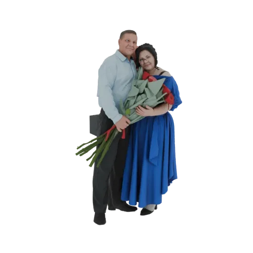 3D model of a man and woman embracing, holding a large bouquet of red roses, with the woman in a blue dress.