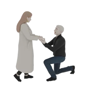 موديل ثلاثي الأبعاد لرجل على ركبة واحدة يتقدم لخطبة امرأة، تقف وتنظر إليه ويداها ممدودتان.