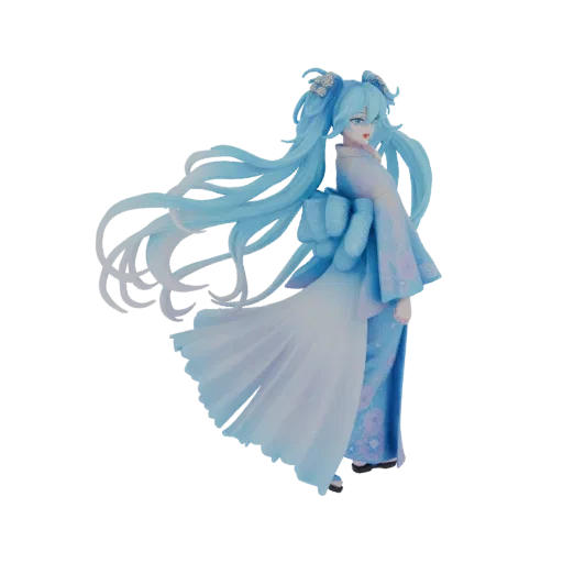 3D model of Hatsune Miku wearing a flowing blue and white kimono with her signature twin-tails.