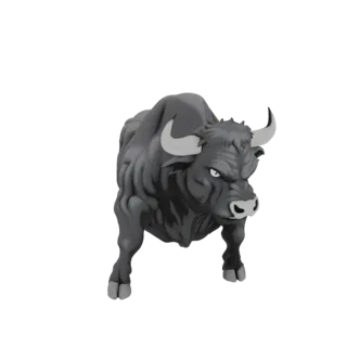 A grayscale 3D model of a muscular bull charging forward with an aggressive expression and lowered horns.