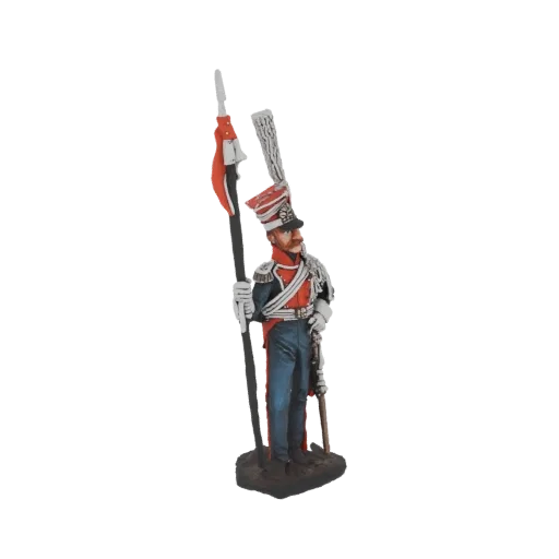 3D model of a 19th-century Imperial Guard soldier in a blue uniform with red trim, holding a black halberd with a red and whi