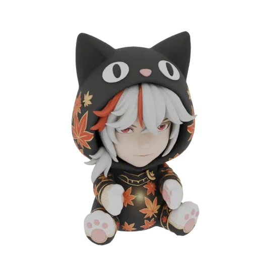 3D model of chibi Kazuha from Genshin Impact wearing a black cat hoodie with red maple leaf patterns, sitting down.