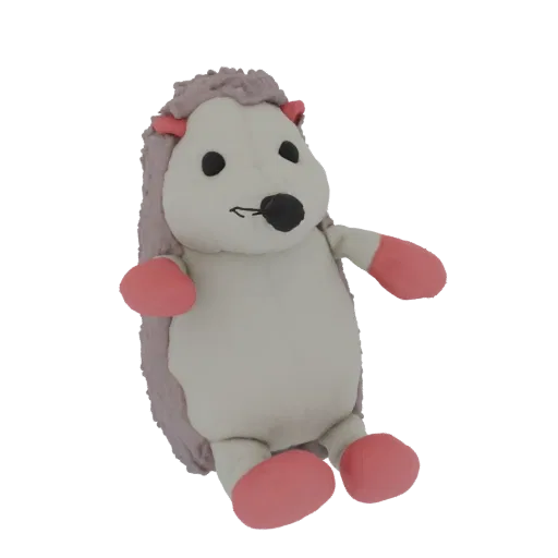 Modèle 3D d'un joli jouet hérisson en peluche avec des piquants violets et des pattes roses, assis dans une pose détendue.