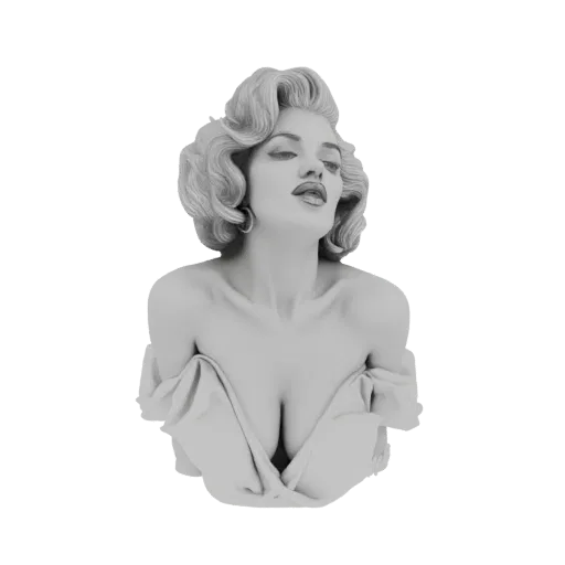 Busto modelo 3D de una mujer pin-up glamurosa con cabello ondulado y pose seductora, vestida con tela.