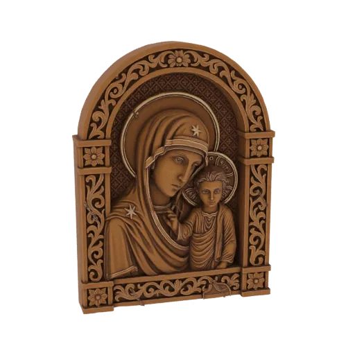 3D model of a Madonna and Child icon with intricate wood carving details, set within an arched frame.