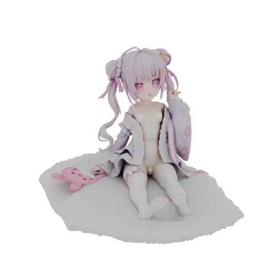 3D model of a cute anime Neko girl in pajamas sitting on a fluffy cloud, holding a pink plush toy.