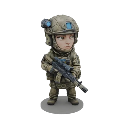 3D model of a chibi soldier in tactical gear, holding a rifle with a scope, wearing a helmet with night vision goggles.