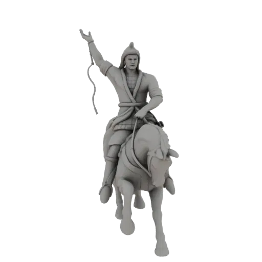 3D model of an ancient warrior in armor, riding a horse and holding a whip in the air.