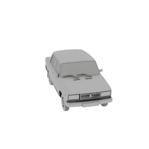 A 3D model of a classic Lada VAZ 2107 Sedan, viewed from a slightly elevated front-right angle, rendered in a neutral gray ma