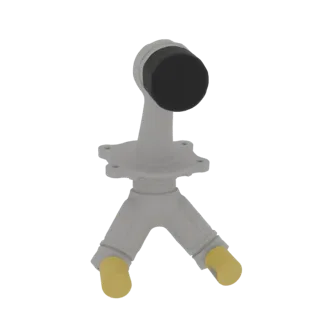 3D-Modell eines Y-Splitter LNB mit schwarzer Kappe und gelben Anschlussabdeckungen, vor schwarzem Hintergrund.