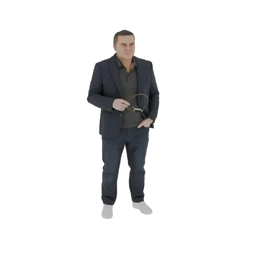 Modèle 3D d'un homme en costume sombre et jean, tenant une paire de lunettes, une main dans la poche.