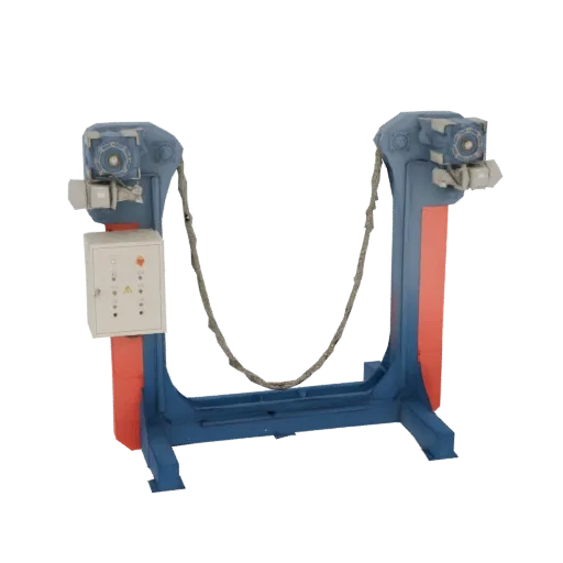 3D model of a blue and red industrial hydraulic press with a control panel and a thick chain connecting its upper arms.