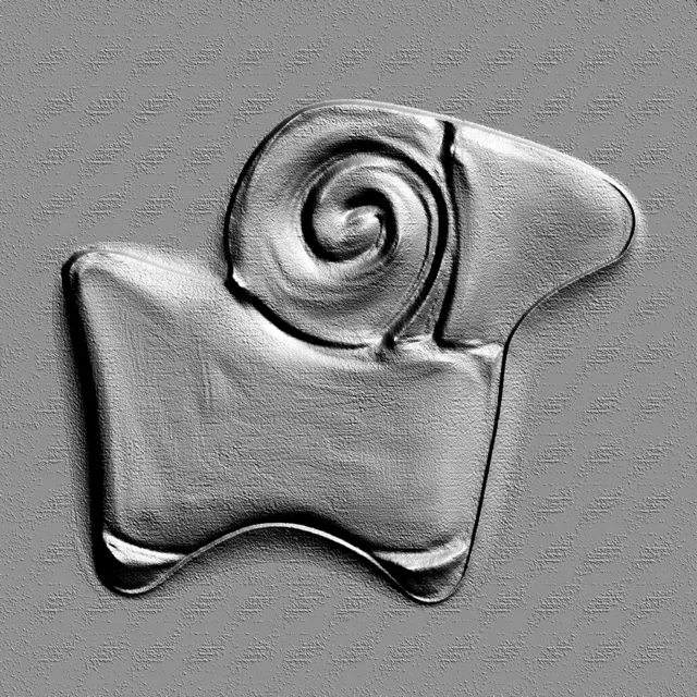 3D model of a ram in bas-relief style with a detailed curled horn on a gray background