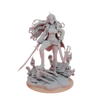 Modelo 3D de guerreiro fantasia com cabelo longo, segurando espada, em base arruinada com detritos.
