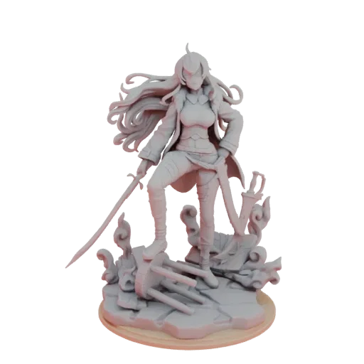 Modelo 3D de guerrero fantástico con pelo largo, sosteniendo espada, sobre base en ruinas con escombros.