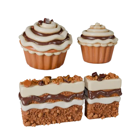 Modelo 3D de Muffin, vista frontal em três quartos, renderização de estúdio com visualizador AR, mostrando creme, silhueta de