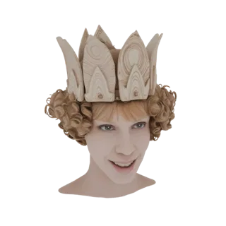 3D model of a princess with a wooden crown and curly blonde hair, smiling.