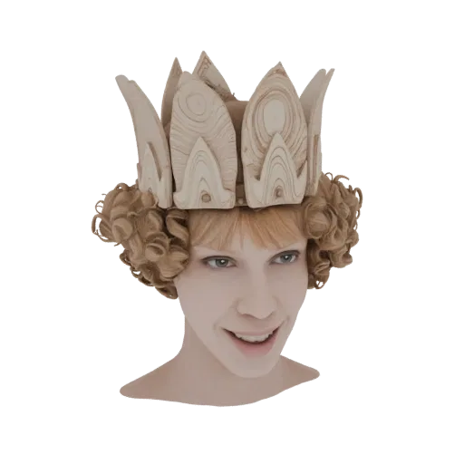 3D model of a princess with a wooden crown and curly blonde hair, smiling.