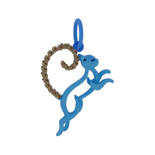 Modelo 3D de colgante de gato azul con cuerpo curvo y línea de piedras tipo diamante en el lomo, con aro azul para colgar.