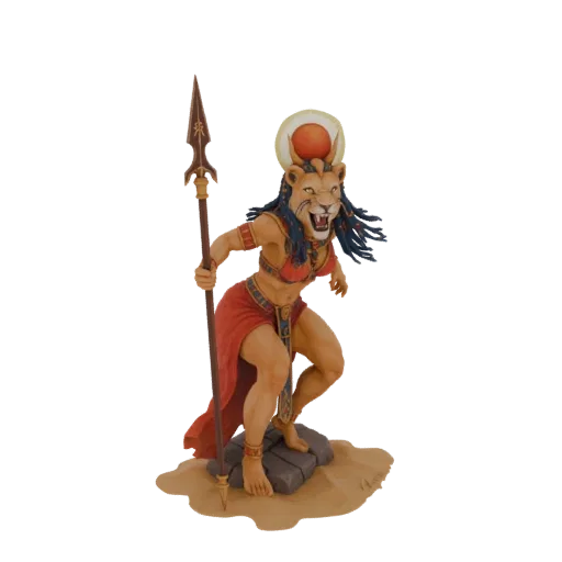 3D model of Sekhmet, the Egyptian lioness goddess, in a dynamic pose holding a spear, with a sun disk headdress, on a desert