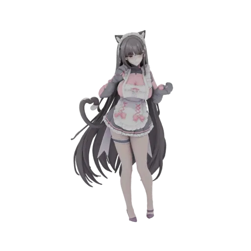 3D model of a Neko Maid anime figure with gray hair, cat ears, tail, and a pink and white maid outfit, standing against a bla