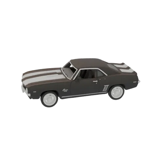 3D model of a dark gray 1969 Chevrolet Camaro SS muscle car with white racing stripes, viewed from a side angle.