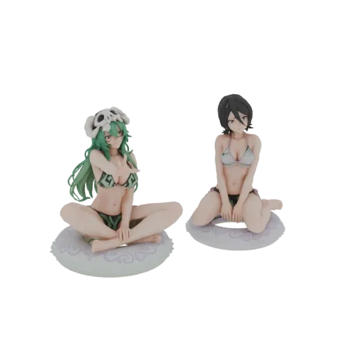 3D-Modell von zwei Anime-Mädchen im Bikini, sitzend auf dekorativen Kissen, eines mit grünen Haaren und Totenkopf-Accessoire,
