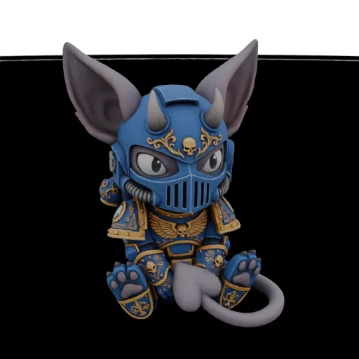 3D model of a cute chibi cat character wearing blue and gold Space Marine armor, sitting with its tail curled.