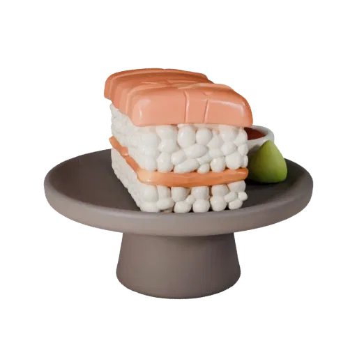 Restaurant Sushi Set Product Viz 3D model, three-quarter studio product render, showing sauces, plated composition.