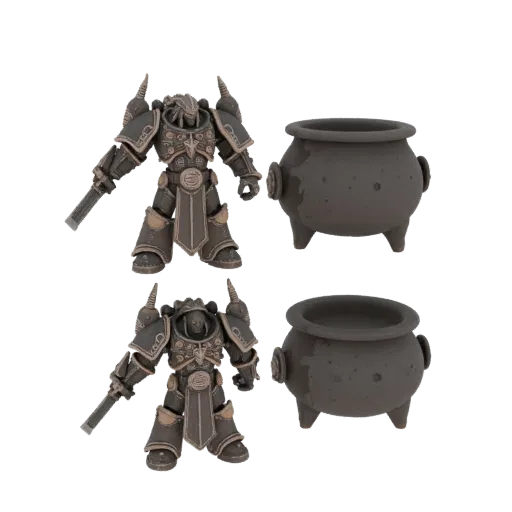 Highly detailed 3D model of Nurgle, Chaos God from Warhammer 40000, standing by a cauldron.