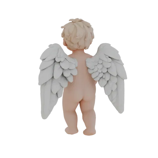 3D model of a cherub with large white wings, back view, with soft features and detailed feathers.