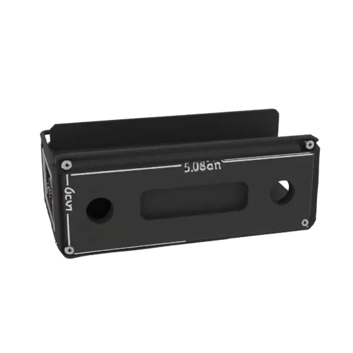3D model of black enclosure with central cutout and side holes, 7x5x3 cm