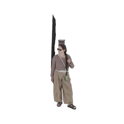 3D model of a woman wearing a brown sweater, beige pants, and a crossbody bag, standing and looking to the side.