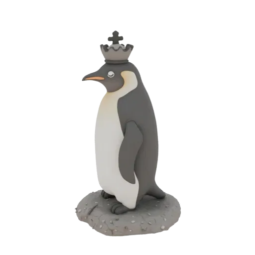 Modelo 3D de pinguim-rei imperial em pé sobre uma rocha, com plumagem detalhada e base de pedra.