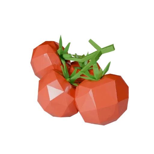 Garden Tomato Cluster Low Poly 3D model, game viewport three-quarter view, showing leaf veins, form detail.