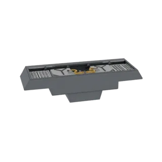 Modello 3D di un moderno fornello a gas grigio scuro con griglie integrate e dettagli bruciatore gialli