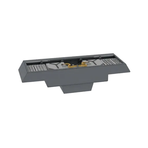 3D-Modell eines modernen dunkelgrauen Gasherds mit integrierten Rosten und gelben Brennerdetails